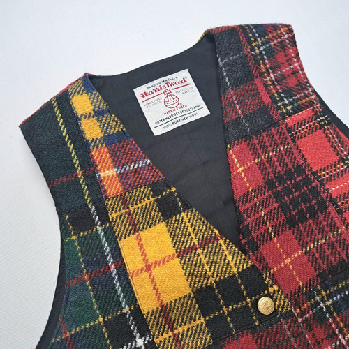 ハリスツイード パッチワーク ベスト タータンクレイジーミックス