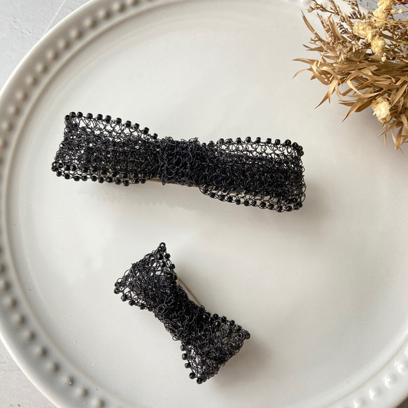 ヘアアクセサリー リボン バレッタ 黒 ブラック 大きめ レース 上品 8cm M シック 再販 クリスマス 7枚目の画像
