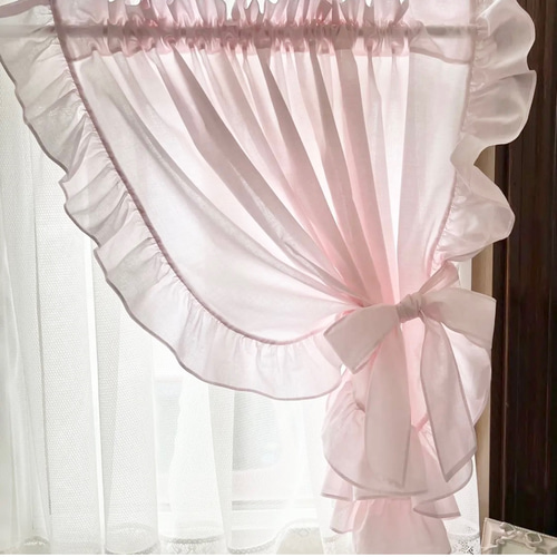 淡いピンク リボンが可愛い フリルカフェカーテン カーテン EMI's