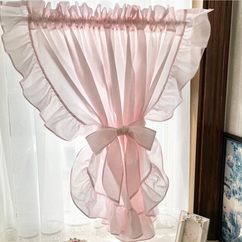 淡いピンク リボンが可愛い フリルカフェカーテン カーテン EMI's
