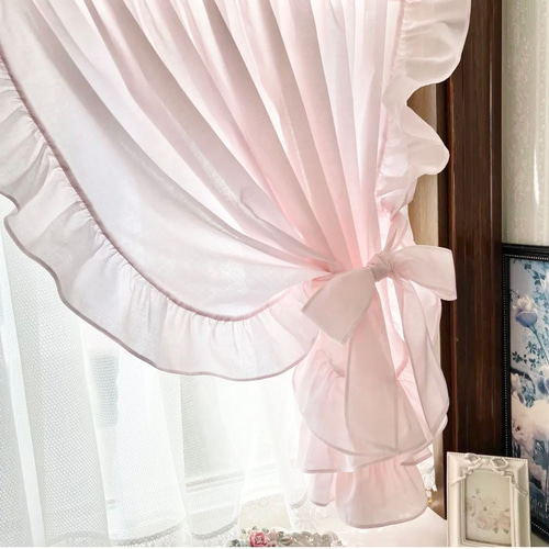 リボンカフェカーテン♡薄ピンクチュールレース 楽天市場】【P5倍！20日-27日1:59】フリルリボンカフェカーテン(ピンク
