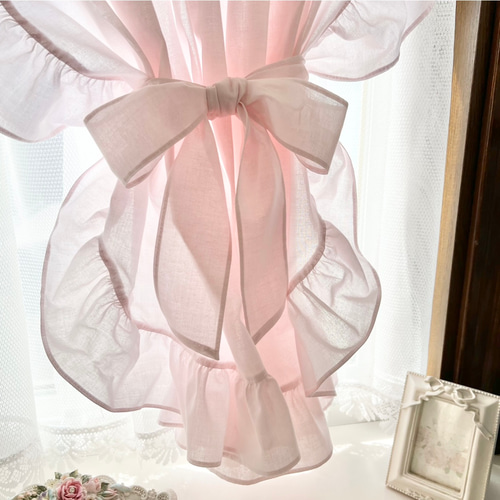 淡いピンク リボンが可愛い フリルカフェカーテン カーテン EMI's