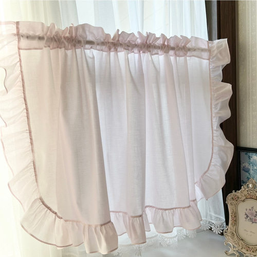 淡いピンク リボンが可愛い フリルカフェカーテン カーテン EMI's