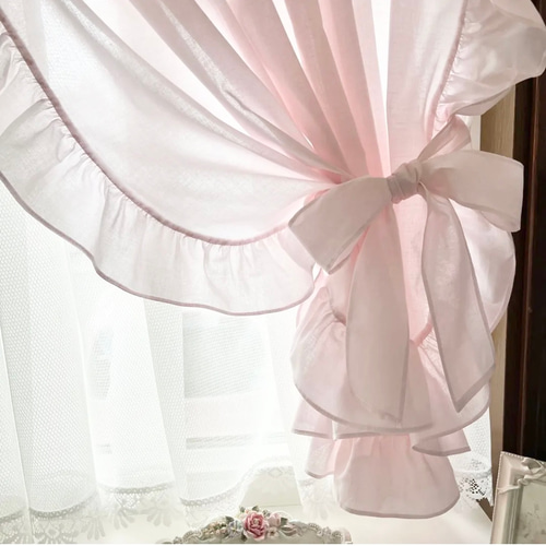 淡いピンク リボンが可愛い フリルカフェカーテン カーテン EMI's