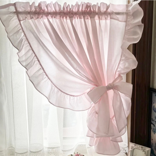 リボンカフェカーテン♡薄ピンクチュールレース 淡いピンク リボンが可愛い フリルカフェカーテン カーテン EMI's