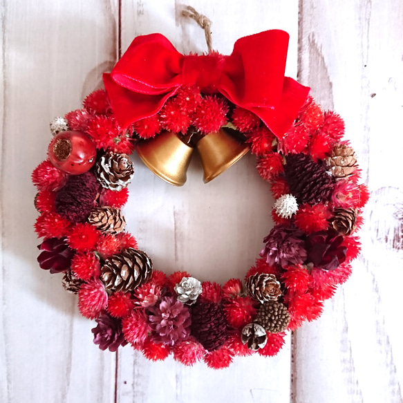 3.クリスマスリース Mサイズ＊2023ウインター・赤いクリスマスリース・ドライラワー（ベル