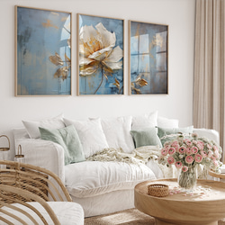 アートポスター ボタニカル モダン 白い牡丹 青グレー 北欧風 フラワーデザイン ３枚セット 5250 2枚目の画像