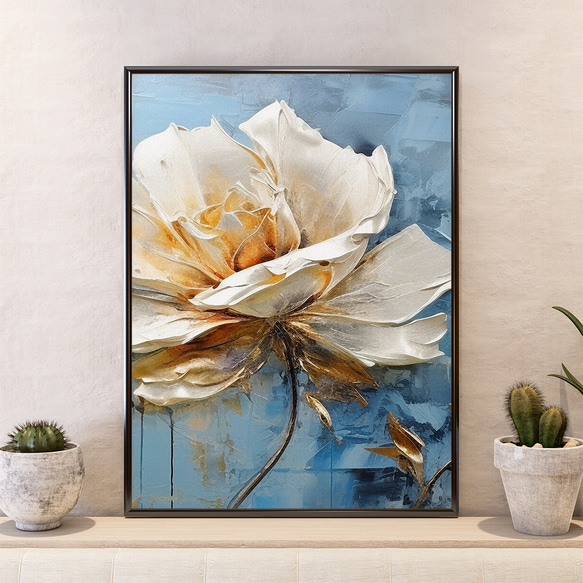 アートポスター ボタニカル モダン 白い牡丹 青グレー 北欧風 フラワーデザイン ３枚セット 5250 4枚目の画像