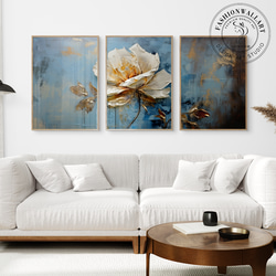 現代花卉藍金色口音油畫風格/室內海報外國藝術 3 件套 / 5250 第1張的照片