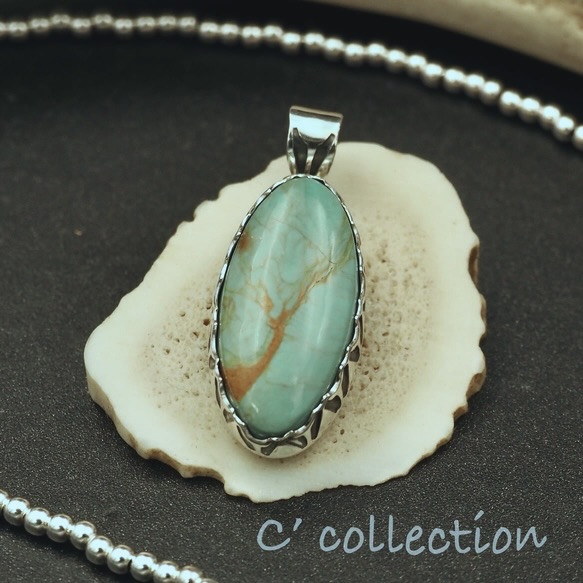 C2N-7 Hachita Turquoise  Silver Pendant Top ハチタターコイズ ペンダントトッ 1枚目の画像