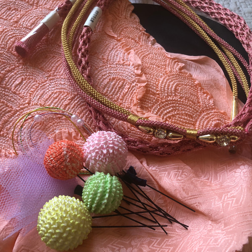 005選べる髪飾り 和玉 水引き飾り 帯締め帯揚げセット サーモン