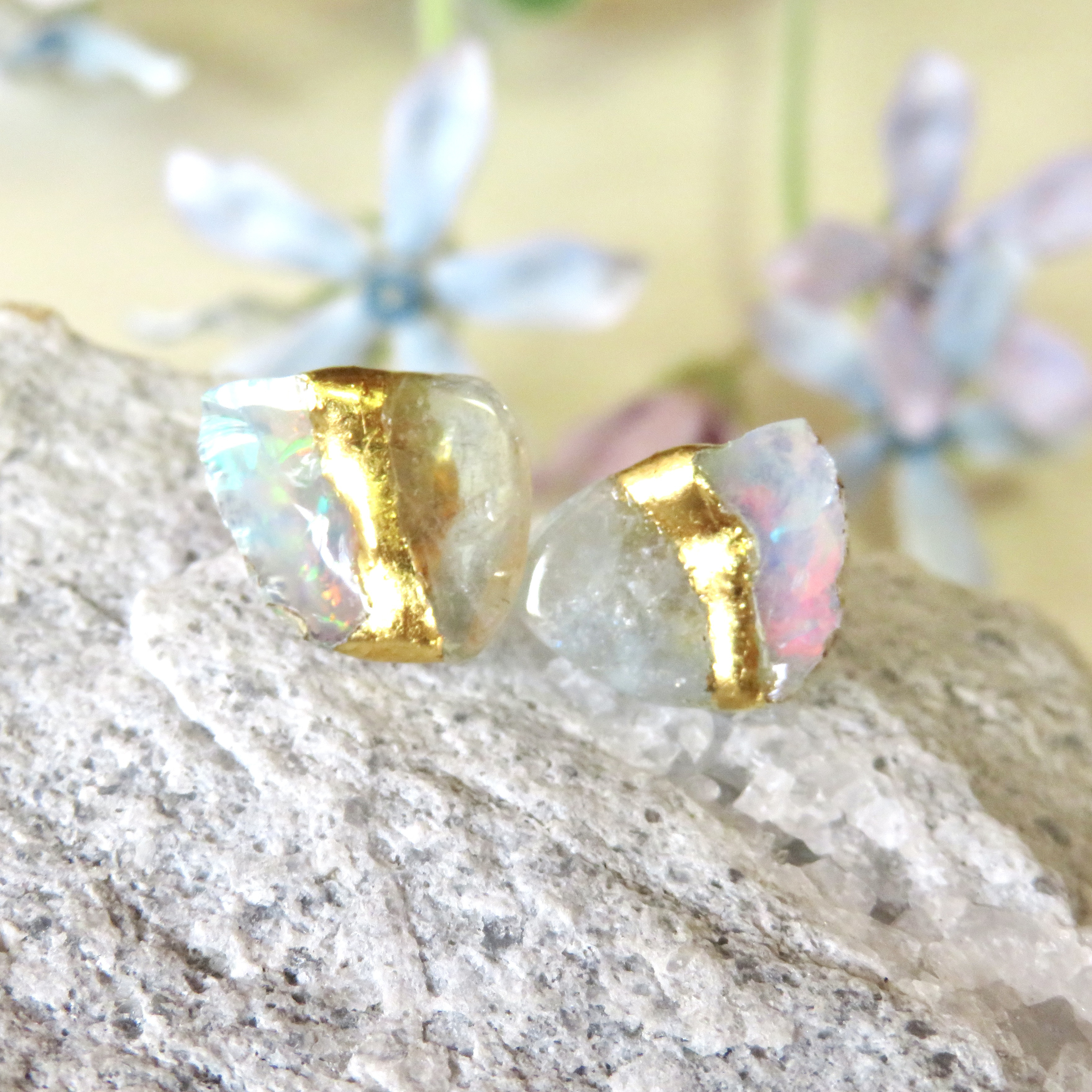 天使の羽衣＊Water Opal × Aquamarine＊金継ぎピアス／Ⅿサイズ／14kgf