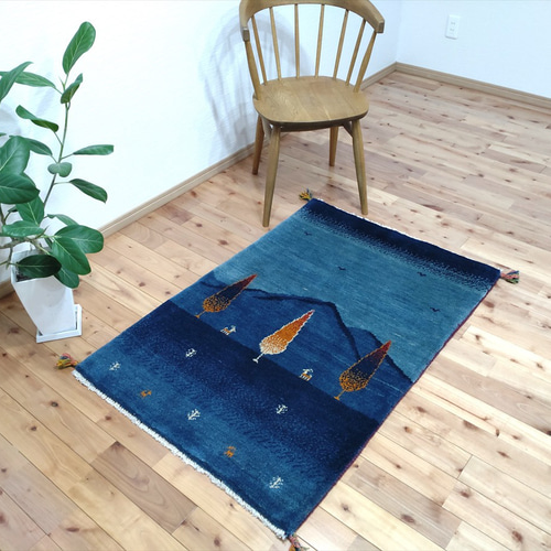 ペルシャ ギャッベ 玄関マット大 122x84cm 紺色 糸杉 ランドスケープ