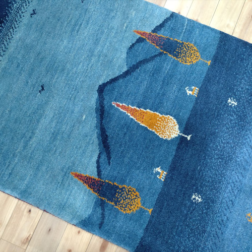 ペルシャ ギャッベ 玄関マット大 122x84cm 紺色 糸杉 ランドスケープ