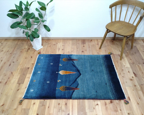 ペルシャ ギャッベ 玄関マット大 122x84cm 紺色 糸杉 ランドスケープ