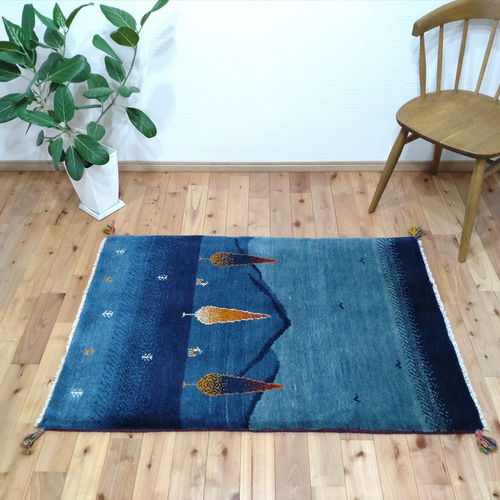 ペルシャ ギャッベ 玄関マット大 122x84cm 紺色 糸杉 ランドスケープ