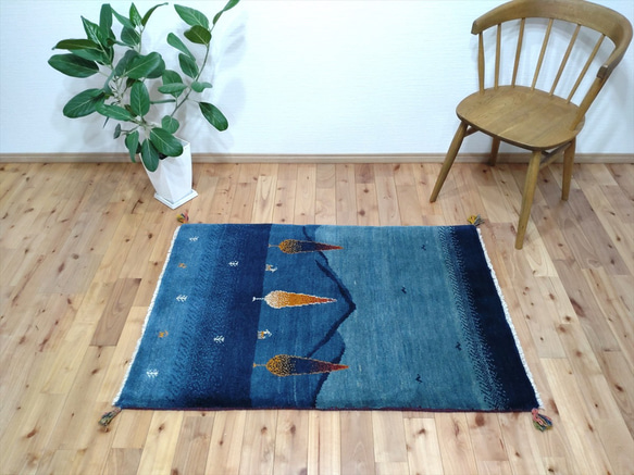 ペルシャ ギャッベ 玄関マット大 122x84cm 紺色 糸杉 ランドスケープ