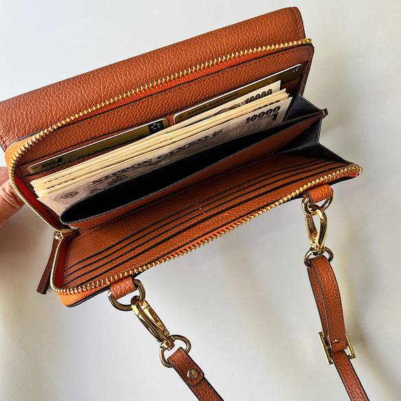 本革 　超軽量　お財布ショルダー　スマホショルダー　L字型財布　お財布ポシェット　長財布 