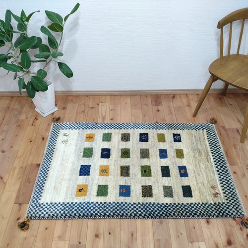 ペルシャ ギャッベ 玄関マット大 123x80cm アイボリー パネル 市松模様  