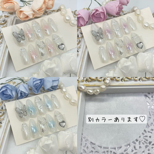 サイズオーダー♡うるうるチーク×バタフライネイルチップ ブルー size  