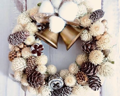 Sサイズ＊2023ウインター・白いクリスマスリース・ドライラワー（ベル