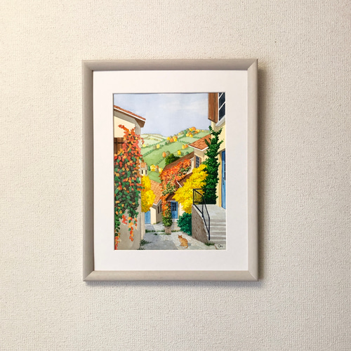 オータムヴィレッジ02」透明水彩画 原画 風景画 額縁付 F4サイズ オータムヴィレッジ02」透明水彩画 原画 風景画 額縁付 F4サイズ