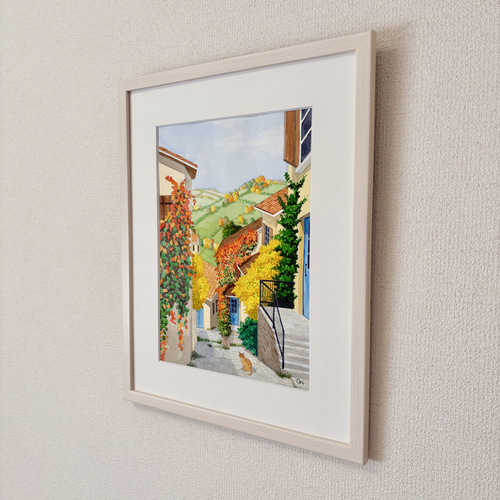 オータムヴィレッジ02」透明水彩画 原画 風景画 額縁付 F4サイズ 絵画