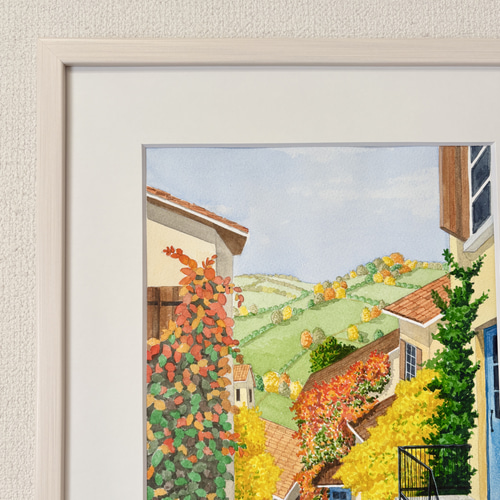 風景 水彩画 額装済み オータムヴィレッジ02」透明水彩画 原画 風景画 額縁付 F4サイズ