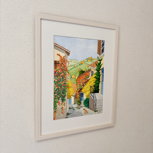 オータムヴィレッジ02」透明水彩画 原画 風景画 額縁付 F4サイズ 絵画