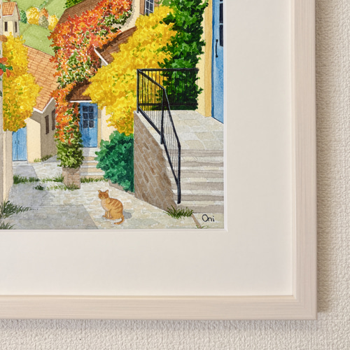 オータムヴィレッジ02」透明水彩画 原画 風景画 額縁付 F4サイズ 絵画