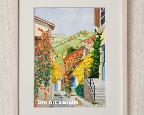オータムヴィレッジ02」透明水彩画 原画 風景画 額縁付 F4サイズ 絵画