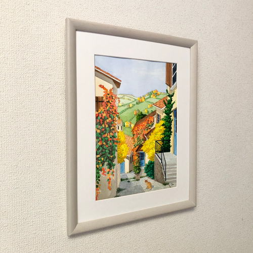 オータムヴィレッジ02」透明水彩画 原画 風景画 額縁付 F4サイズ オータムヴィレッジ02」透明水彩画 原画 風景画 額縁付 F4サイズ