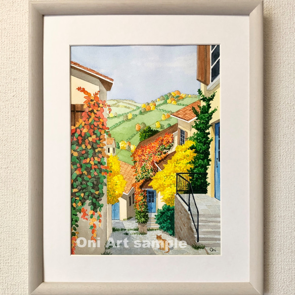オータムヴィレッジ02」透明水彩画 原画 風景画 額縁付 F4サイズ オータムヴィレッジ02」透明水彩画 原画 風景画 額縁付 F4サイズ