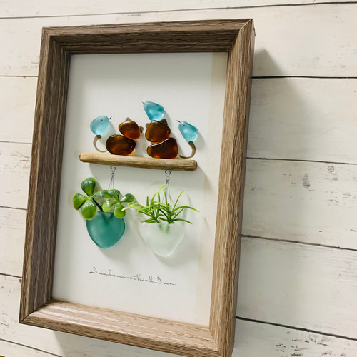 シーグラスアート 猫ちゃんシルエット 癒しの森 インテリア雑貨 壁掛け