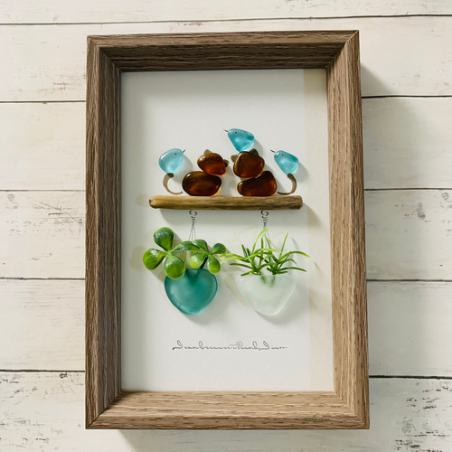 シーグラスアート 猫ちゃんシルエット 癒しの森 インテリア雑貨 壁掛け