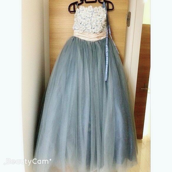 可愛い カラードレス　ブルーグレー　ロング丈　トレーンにもご変更可能　ウエディングドレス　バックリボン付き 花嫁/前撮り