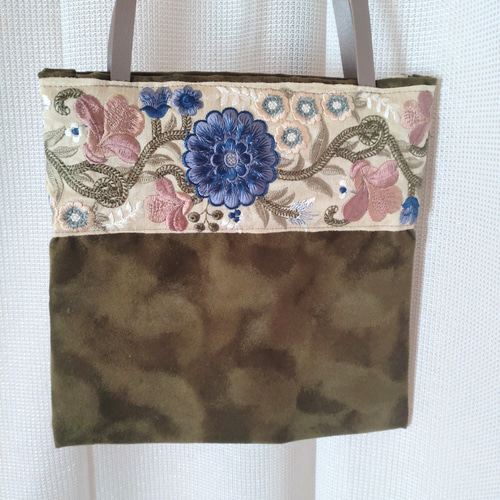 インド刺繍リボンをあしらった合皮肩掛けトートバッグ トートバッグ 涼