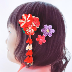 つまみ細工 髪飾り クリップ3点セット 七五三 紅梅 1枚目の画像