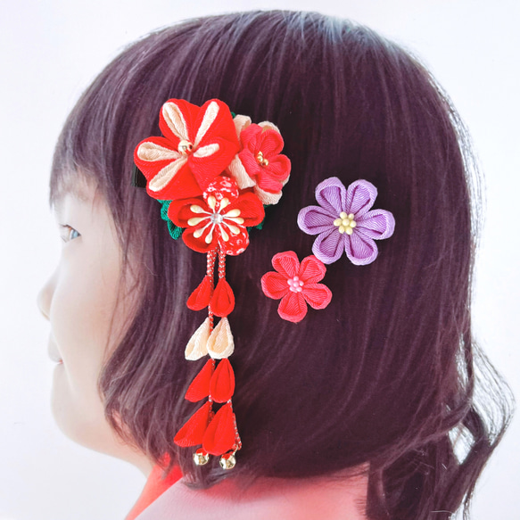 つまみ細工 髪飾り クリップ3点セット 七五三 紅梅 1枚目の画像