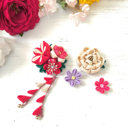 つまみ細工 髪飾り クリップ3点セット 七五三 紅梅 6枚目の画像