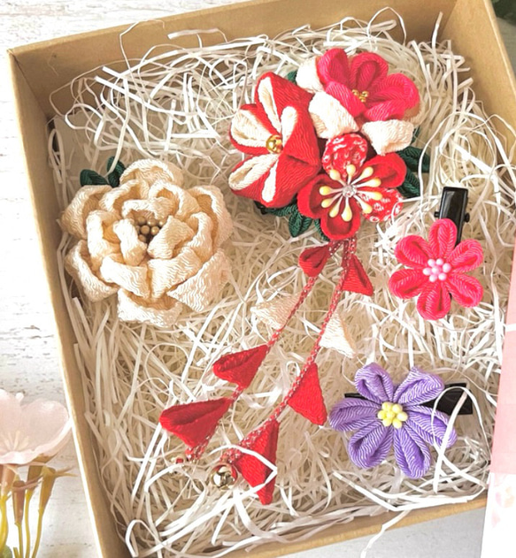 つまみ細工 髪飾り クリップ3点セット 七五三 紅梅 7枚目の画像