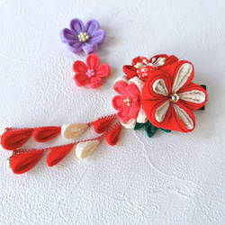 つまみ細工 髪飾り クリップ3点セット 七五三 紅梅 3枚目の画像