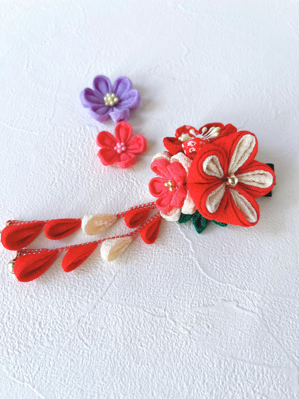 つまみ細工 髪飾り クリップ3点セット 七五三 紅梅 3枚目の画像