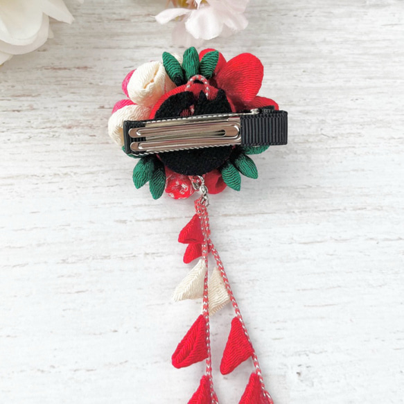 つまみ細工 髪飾り クリップ3点セット 七五三 紅梅 5枚目の画像