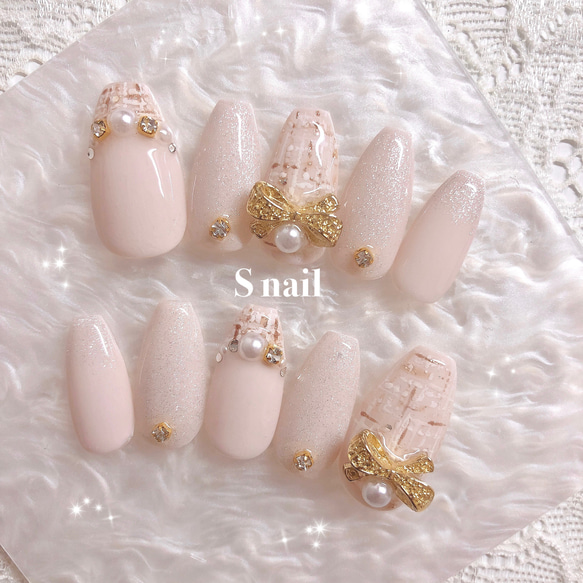 ネイルチップ ベージュ ツイード リボン フレンチガーリー 韓国 冬  