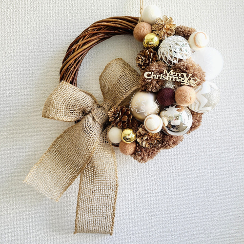 2023年クリスマスオーナメントリース ゴールドブラウン系 大きな麻