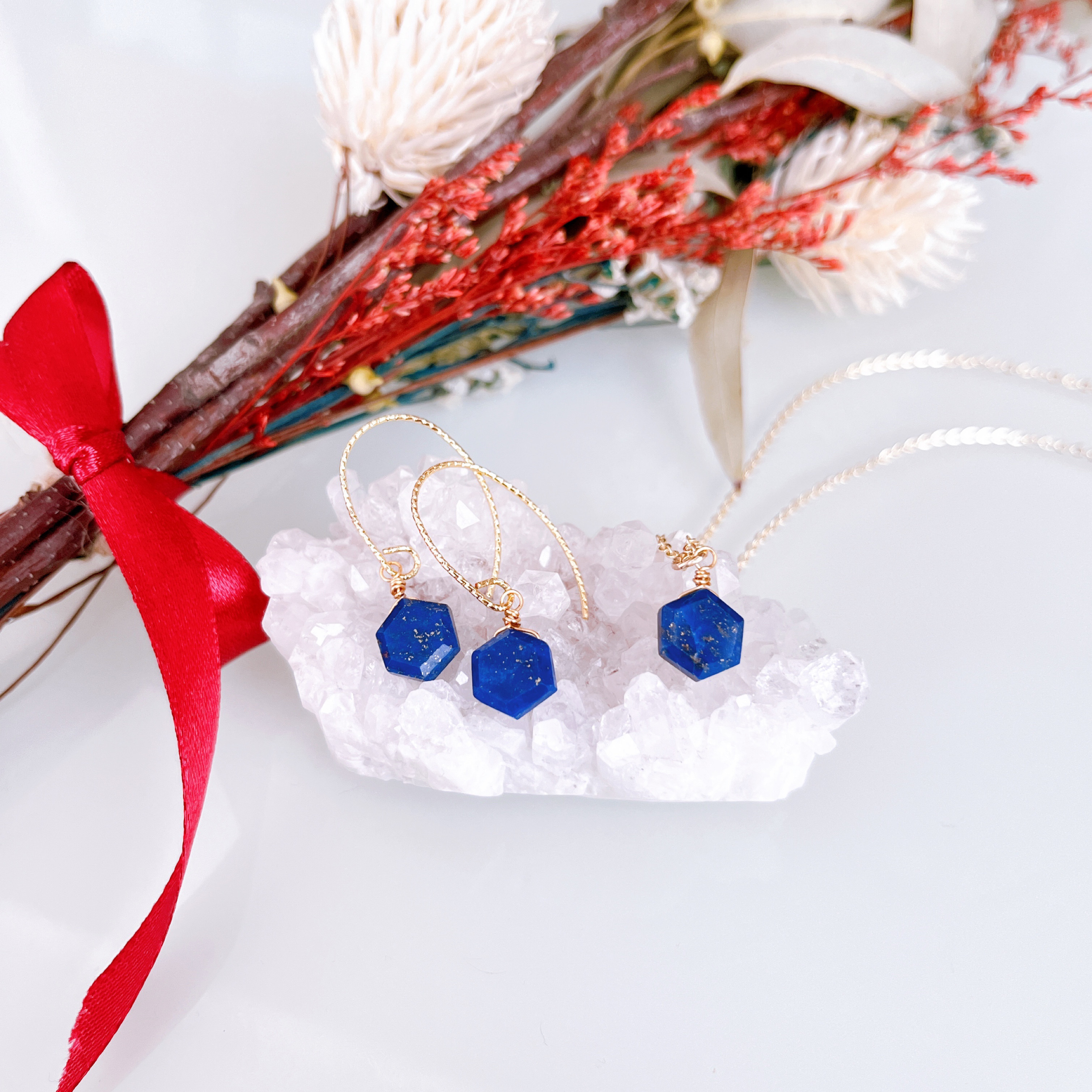 《9月12月誕生石》ラピスラズリ　一粒ネックレス　ピアス　イヤリングセット　14kgf 誕生日　ギフト　プレゼント