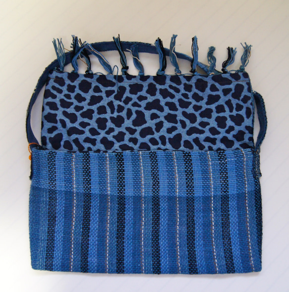 さをり織り　★手織りのハンドバック★  さおり織り　青　ブルー　ストライプ 　一点物　ユニーク　個性的　 2枚目の画像