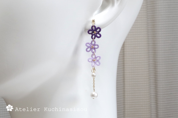 梭織蕾絲小花和棉質珍珠耳環&lt;Kikyou&gt; 第6張的照片
