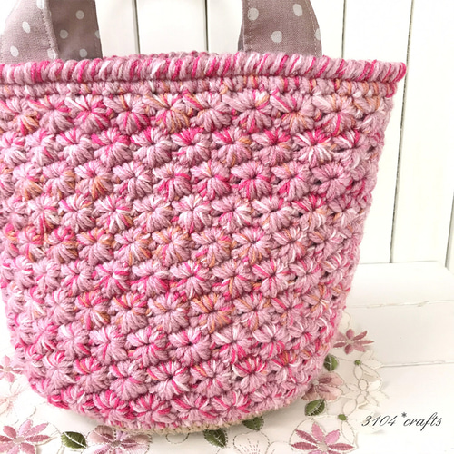 花模様の引き揃えニットバッグ＊持ち手布＊内布付き ハンドバッグ 3104